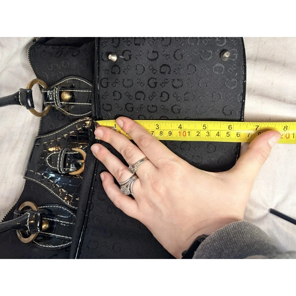 Y2K Guess‎ Black Shoulder Bag Buckle Studded Patent Canvas Chic Glam Designer